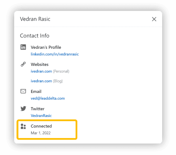 LinkedIn connection contact info popup window