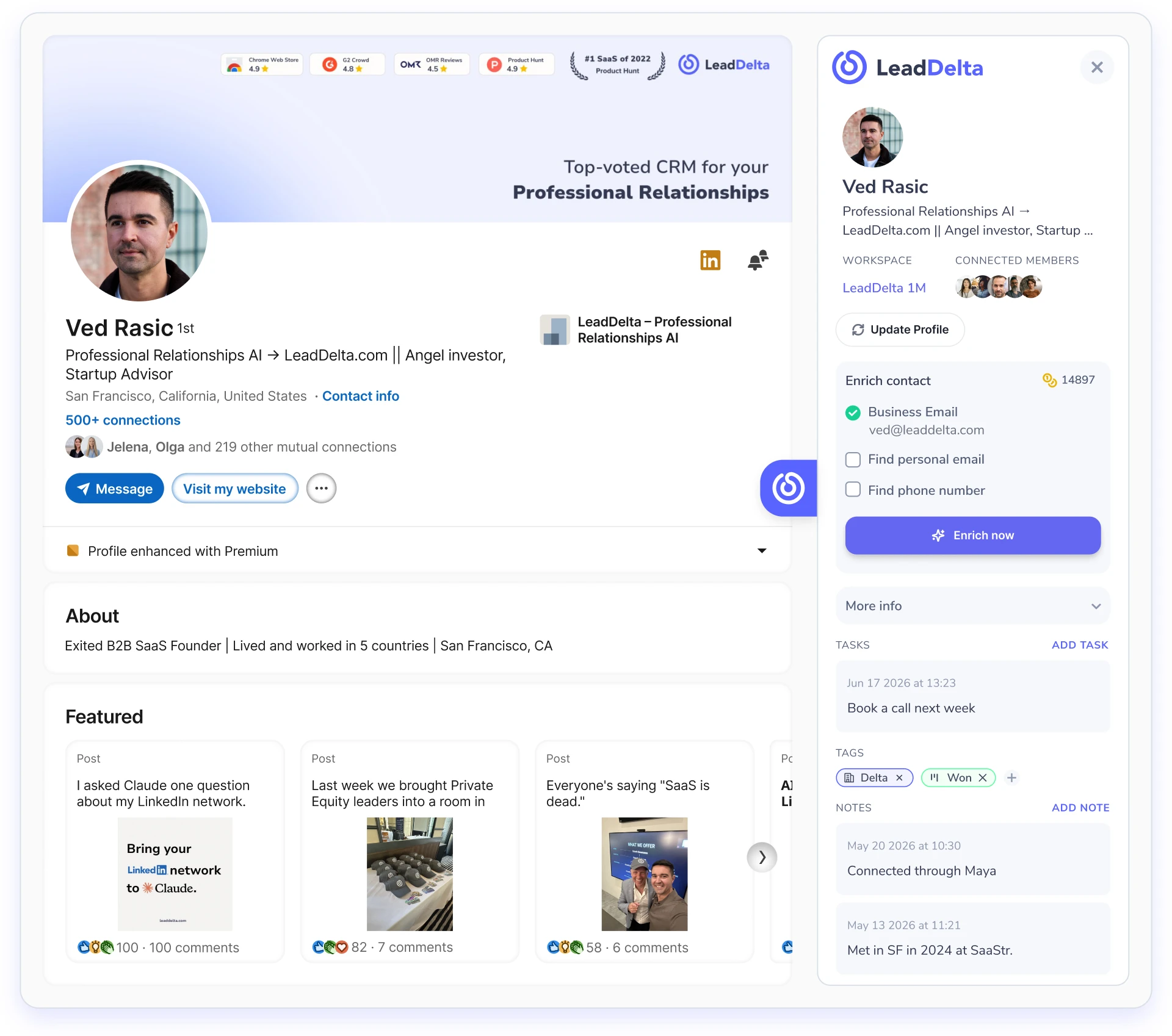 The LeadDelta Chrome extension — a LinkedIn profile with the LeadDelta sidebar open, showing the contact's enriched data, tags, notes, and team members who already know them.