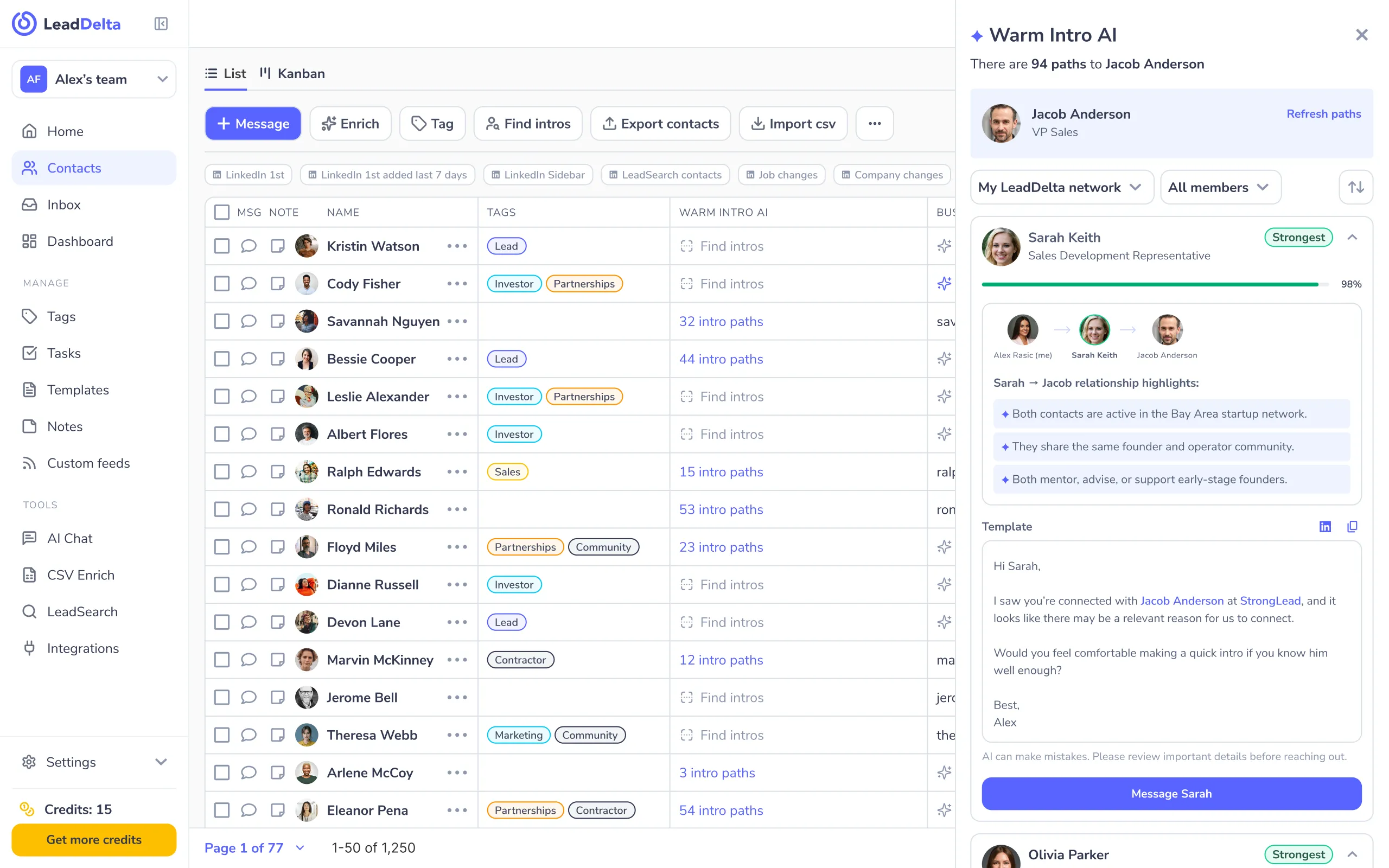 LeadDelta's Warm Intro AI — a contact list with a side panel showing the warmest path to a prospect, why each connector fits, and a drafted introduction ready to send.