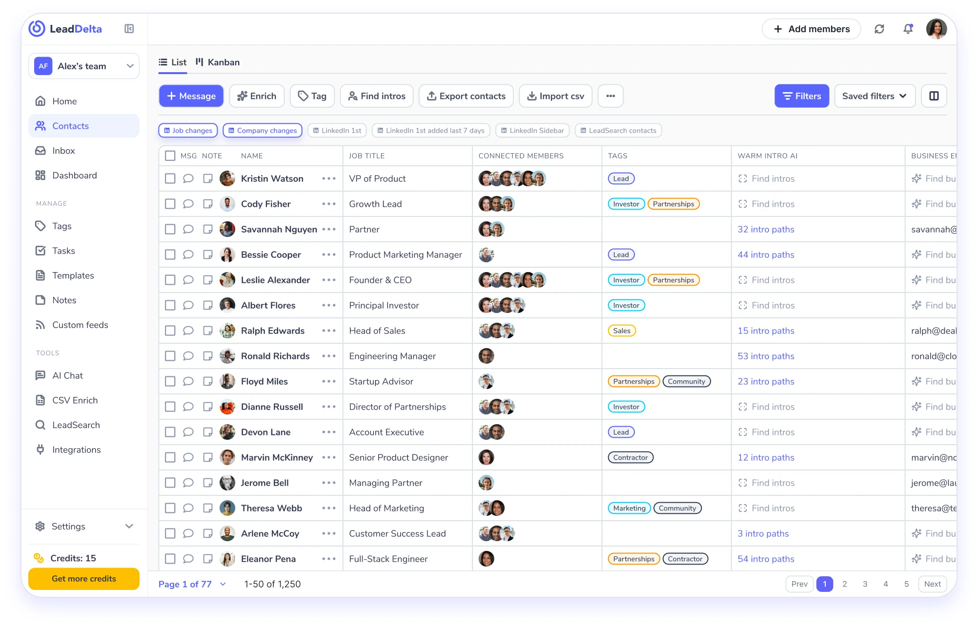 The LeadDelta contacts table filtered by job changes and company changes, showing connected teammates, tags and warm-intro paths for each contact.
